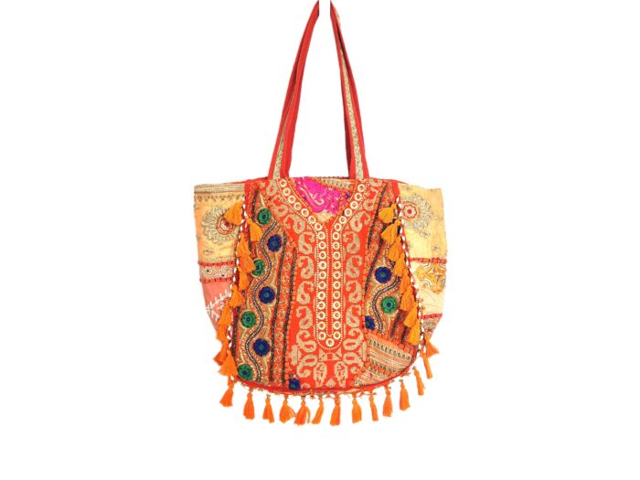 Bolsa Tote Indiana Banjara Patchwork Vintage Bordada à Mão Laranja