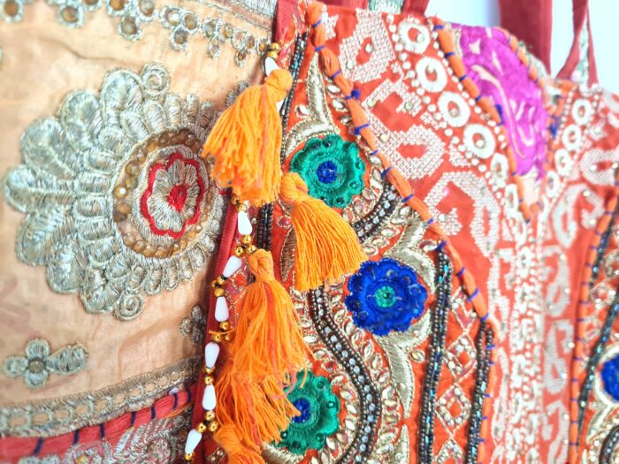 Bolsa Tote Indiana Banjara Patchwork Vintage Bordada à Mão Laranja