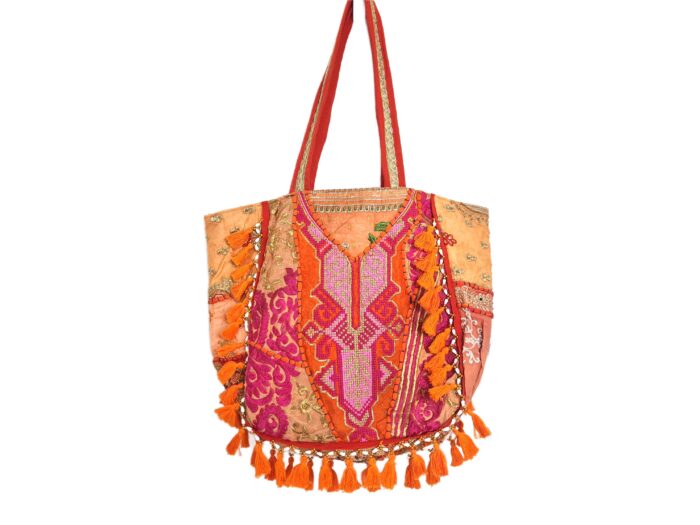 Bolsa Tote Indiana Banjara Patchwork Vintage Bordada à Mão Laranja