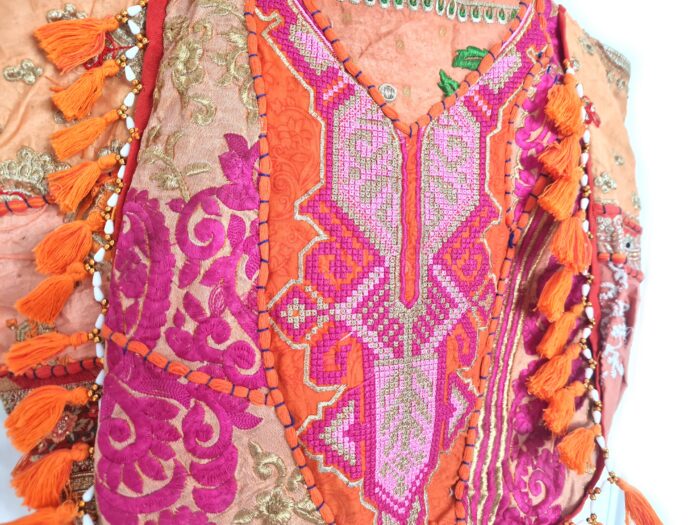Bolsa Tote Indiana Banjara Patchwork Vintage Bordada à Mão Laranja