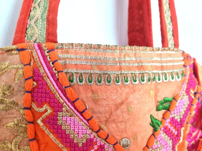 Bolsa Tote Indiana Banjara Patchwork Vintage Bordada à Mão Laranja
