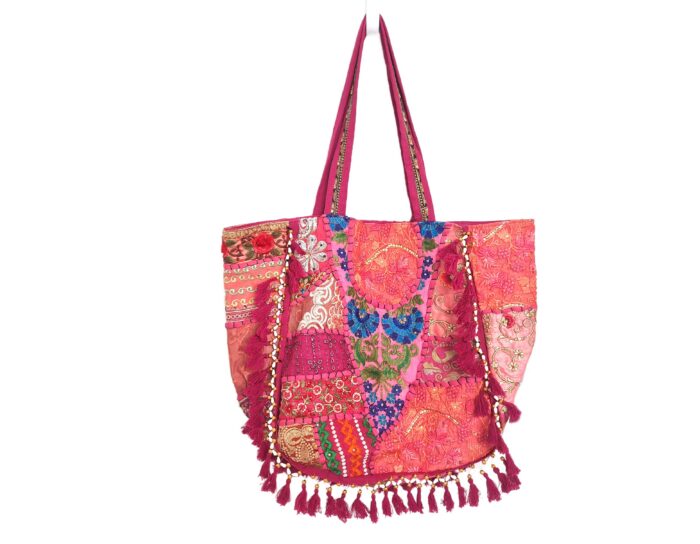 Bolsa Tote Indiana Banjara Patchwork Vintage Bordada à Mão Rosa
