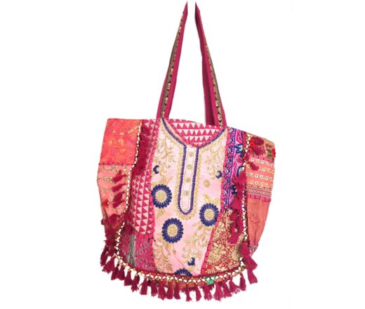 Bolsa Tote Indiana Banjara Patchwork Vintage Bordada à Mão Rosa