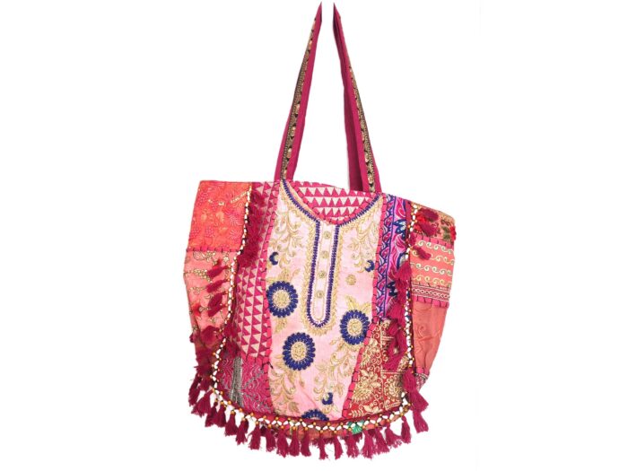 Bolsa Tote Indiana Banjara Patchwork Vintage Bordada à Mão Rosa