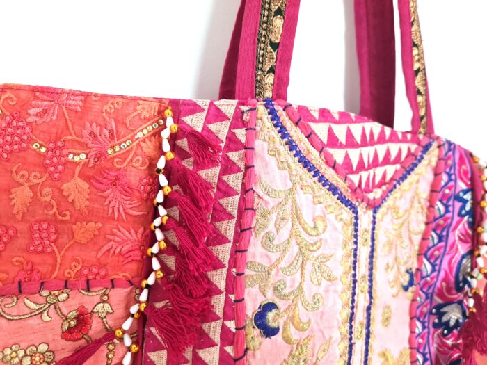 Bolsa Tote Indiana Banjara Patchwork Vintage Bordada à Mão Rosa