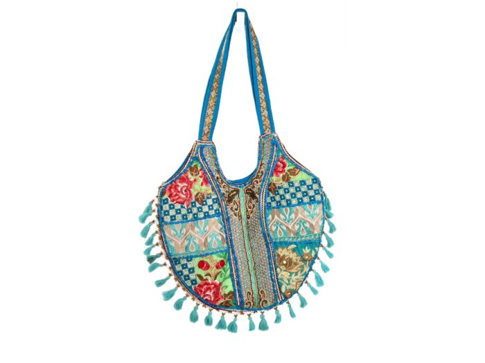 Bolsa Indiana Banjara Hobo Patchwork Azul celeste e coloridos