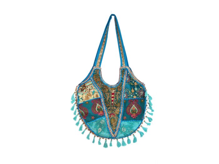 Bolsa Indiana Banjara Hobo Patchwork Azul celeste e coloridos