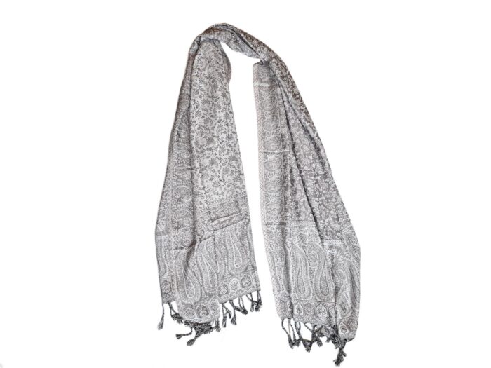 echarpe indiana dupla face luxuosa cinza e branca arabescos paisleys