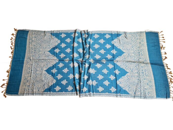 Lenço indiano dupla face clássico estampa florais e arabescos Azul Teal e creme