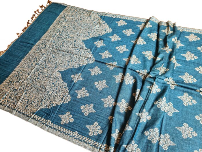 Lenço indiano dupla face clássico estampa florais e arabescos Azul Teal e creme