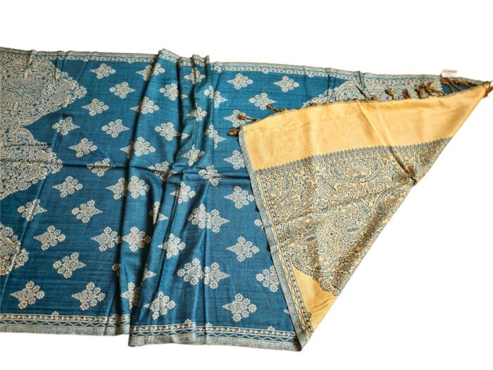 Lenço indiano dupla face clássico estampa florais e arabescos Azul Teal e creme