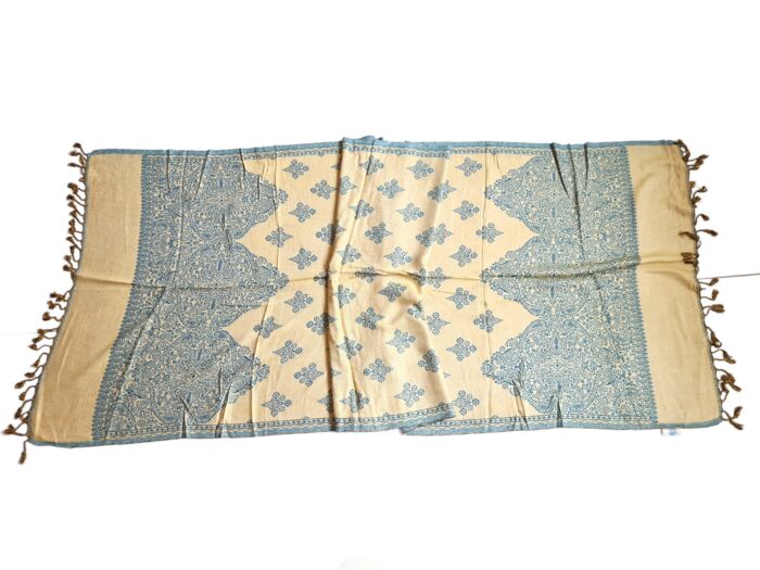 Lenço indiano dupla face clássico estampa florais e arabescos Azul Teal e creme