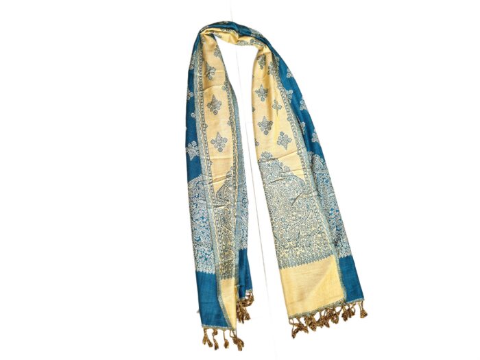 Lenço indiano dupla face clássico estampa florais e arabescos Azul Teal e creme