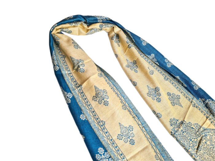 Lenço indiano dupla face clássico estampa florais e arabescos Azul Teal e creme