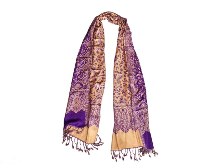 echarpe luxuosa indiana roxa e creme de arabescos dupla face estampa paisley