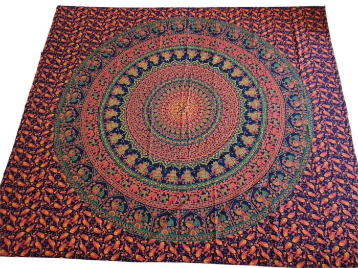 Panô indiano de algodão estampa de mandala marinho, coral 2,40m