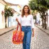 Bolsa Tote Indiana Banjara Patchwork Vintage Bordada à Mão Laranja