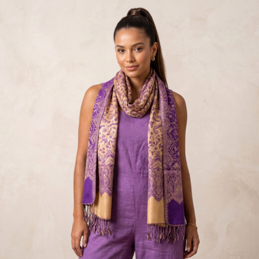 Lenço indiano dupla face clássico estampa floral roxo e creme