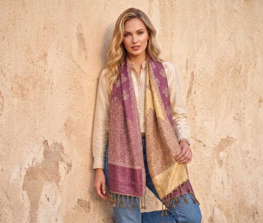 lenço indiano dupla face indiano de viscose e algodão uva rosé e creme paisley