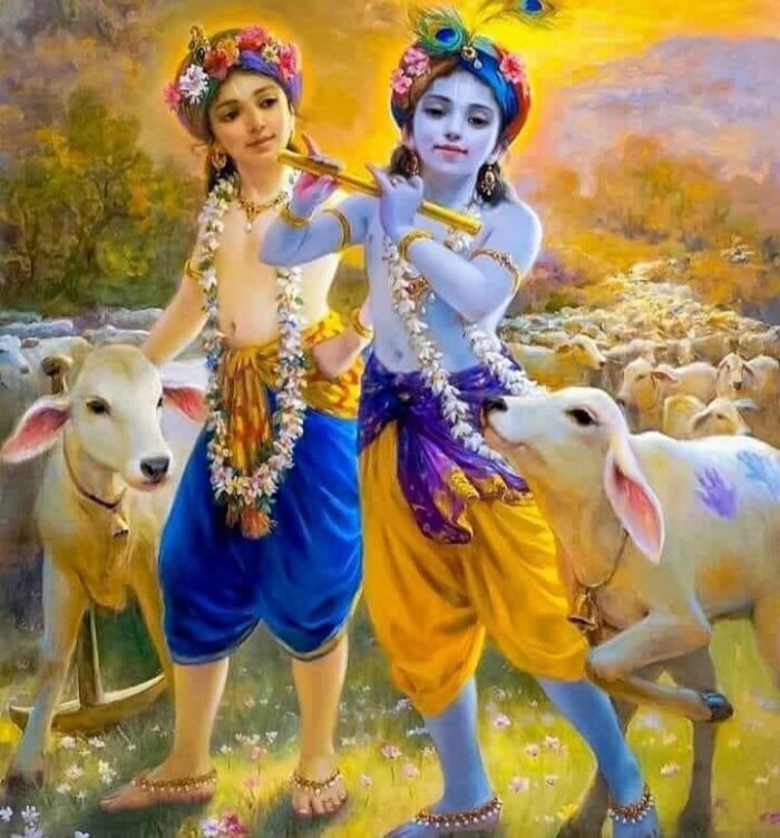 Bonecos dos irmãos Krishna e Balarama de tecido 20cm