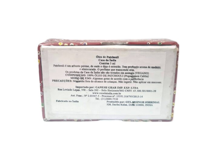 Perfume Attar indiano da Gulabsingh Johrimal (Casa da Índia) Patchouli 5ml