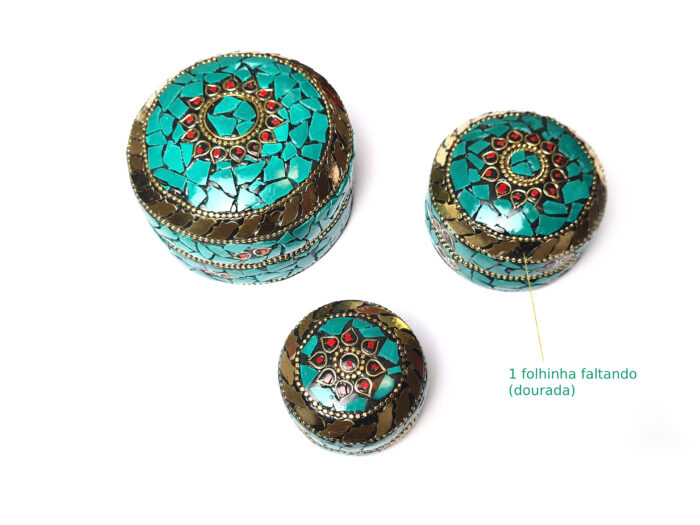 Conjunto de 3 potes artesanais indianos mosaico de pedras turquesa