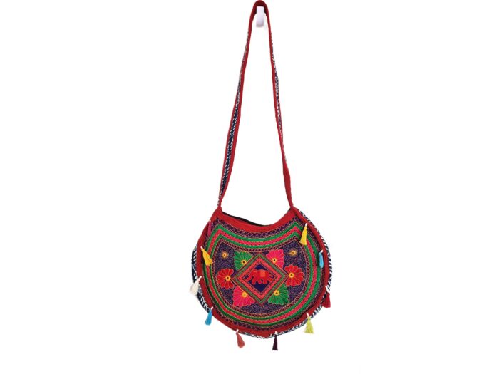 Bolsa Indiana tiracolo étnica floral com alça longa vermelha