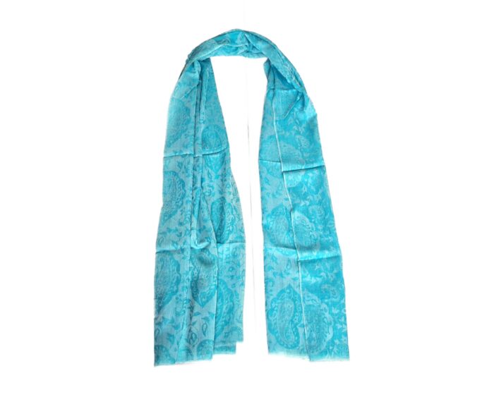 Pashimina indiana de cashmere com padrão geométrico adamascado azul