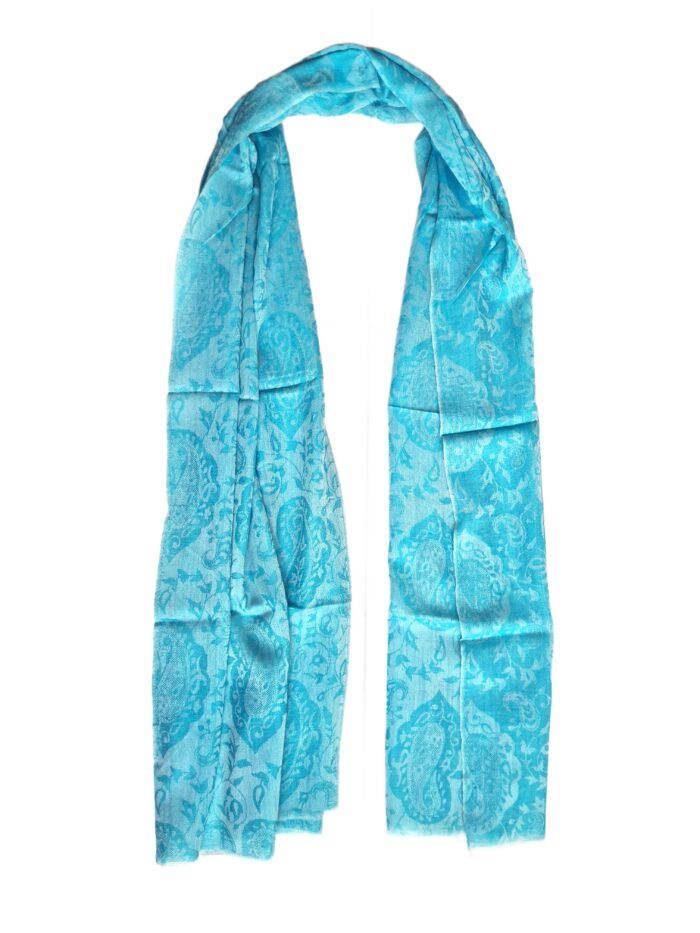 Pashmina indiana de Cashmere azul paisleys adamascado
