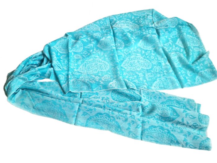 Pashmina indiana de Cashmere azul paisleys adamascado