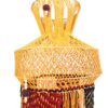 20260920_143638 Lanterna Akash Kandil em macramê para Diwali mostarda e vermelho com rudrakshas 65cm