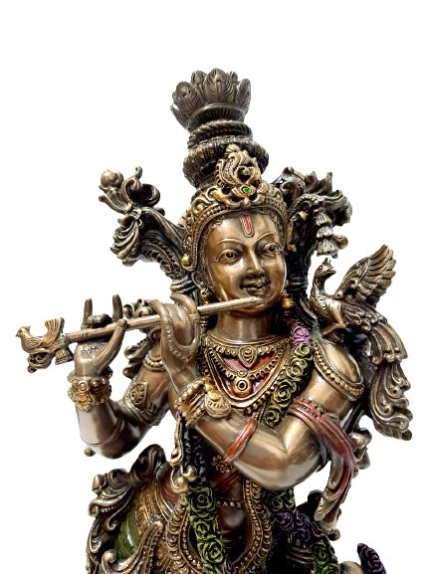 Estátua de Krishna tocando flauta acabamento premium Veronese Design 36cm