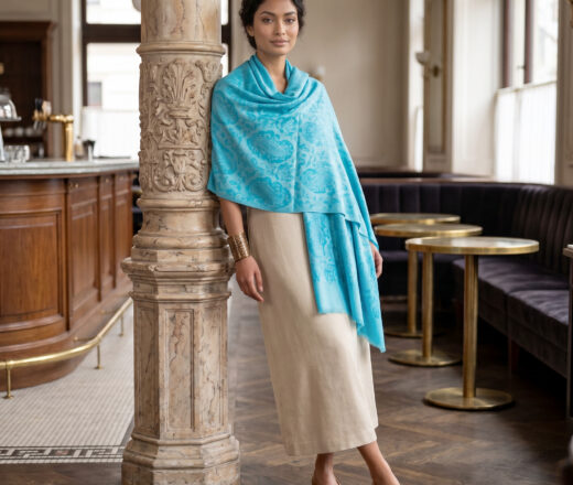 Pashmina indiana de Cashmere azul paisleys adamascado
