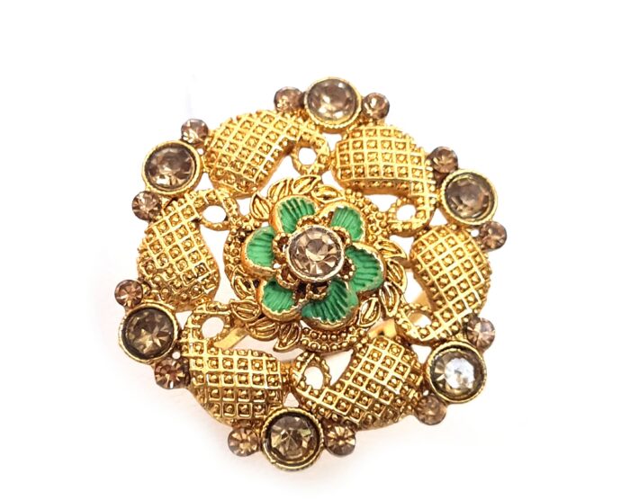 Anel indiano de festa dourado e verde design flor com pedras âmbar