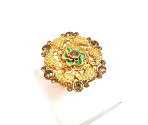 20260916_184730 anel dourado indiano verde e pedras âmbar design flor
