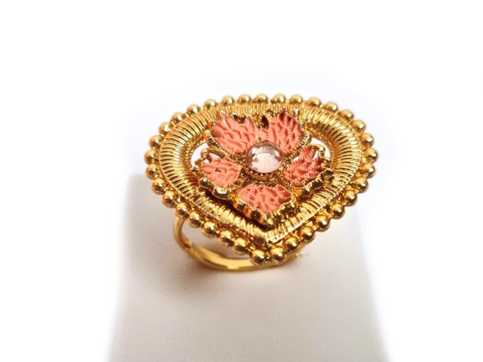 Anel indiano de festa dourado e rosa design flor com strass