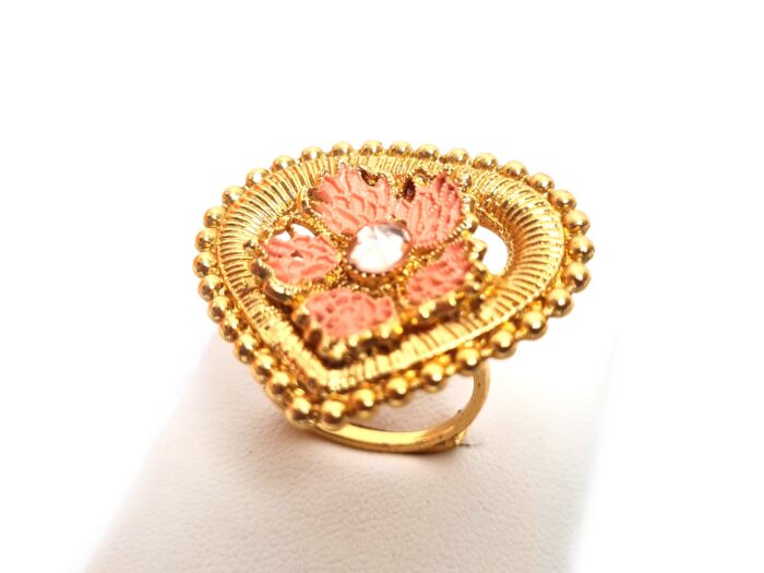 Anel indiano de festa dourado e rosa design flor com strass