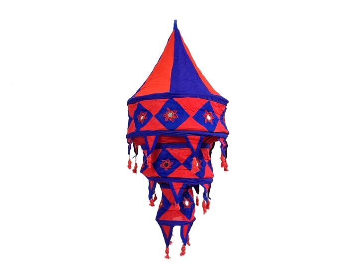 Lanterna Indiana Diwali (Akash Kandil) com espelhos e tassels azul e vermelho