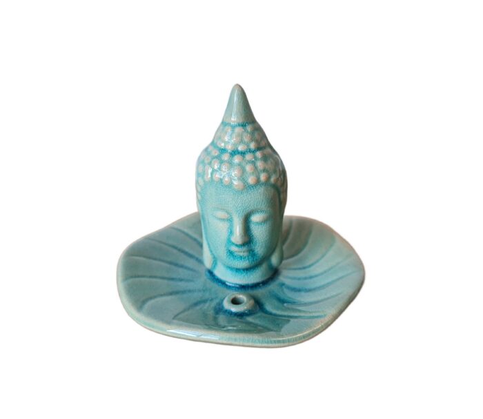 Incensário cabeça de Buda formato redondo em porcelana azul turquesa