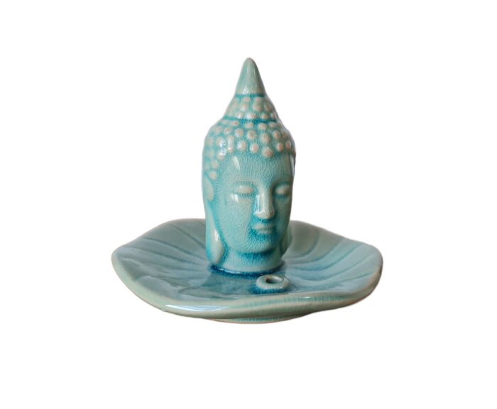 Incensário cabeça de Buda formato redondo em porcelana azul turquesa