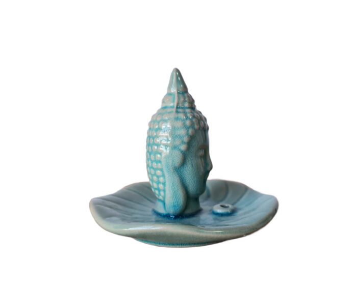 Incensário cabeça de Buda formato redondo em porcelana azul turquesa