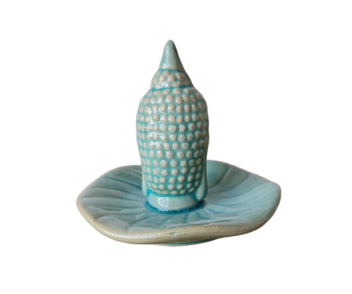 Incensário cabeça de Buda formato redondo em porcelana azul turquesa