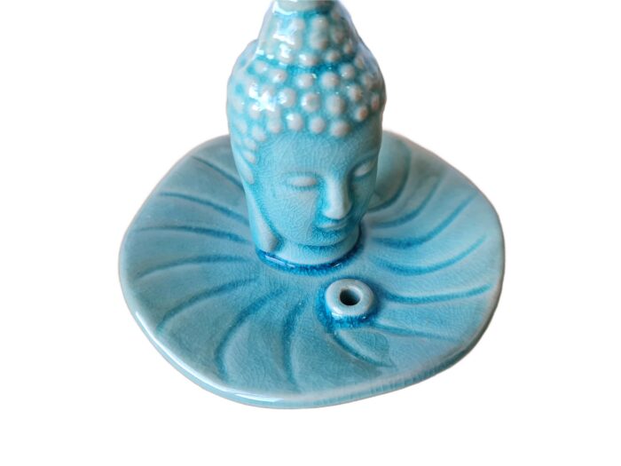 Incensário cabeça de Buda formato redondo em porcelana azul turquesa
