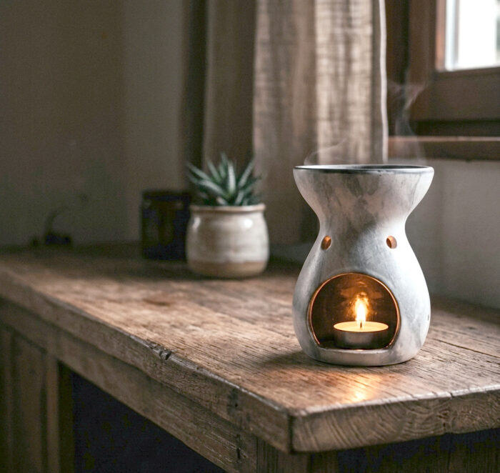 rechaud de ceramica cinza e preto rustico Rechaud Difusor a base de vela design vaso cinza e preto rústico