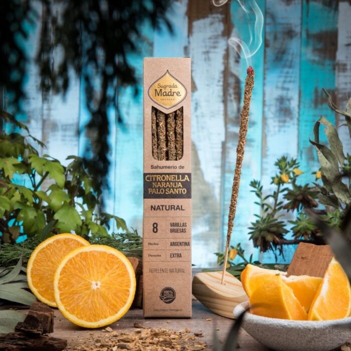 incenso natural palo santo com laranja e citronela - 8 varetas, da marca famosa Sagrada Madre